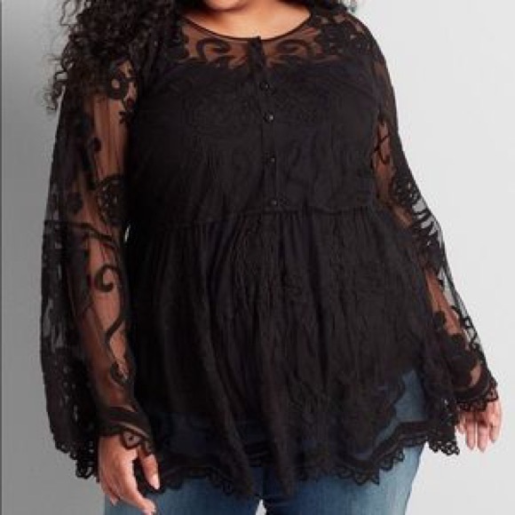 Lane Bryant Tops - Lane Bryant Embroidered Mesh Babydoll Top Navy